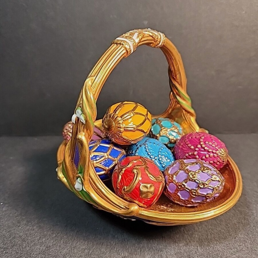 Franklin Mint Spring Egg Basket with 9 Eggs Seasons of Faberge Ceramic